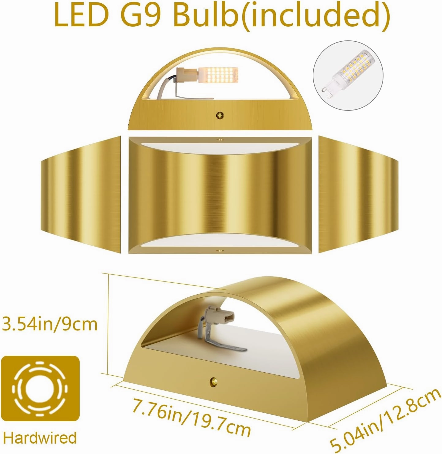 Aipsun 2 Pack Brushed Gold Wall Sconce Indoor Wall Lights Hardwired Up and Down Wall Mount Light for Living Room Bedroom Hallway Corridor Conservatory Warm White 3000K(with G9 Bulbs)