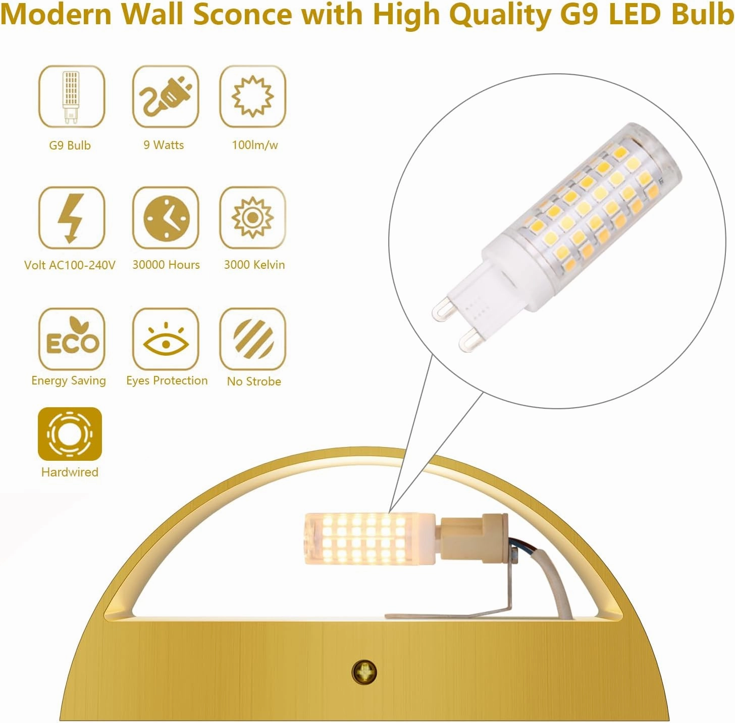 Aipsun 2 Pack Brushed Gold Wall Sconce Indoor Wall Lights Hardwired Up and Down Wall Mount Light for Living Room Bedroom Hallway Corridor Conservatory Warm White 3000K(with G9 Bulbs)