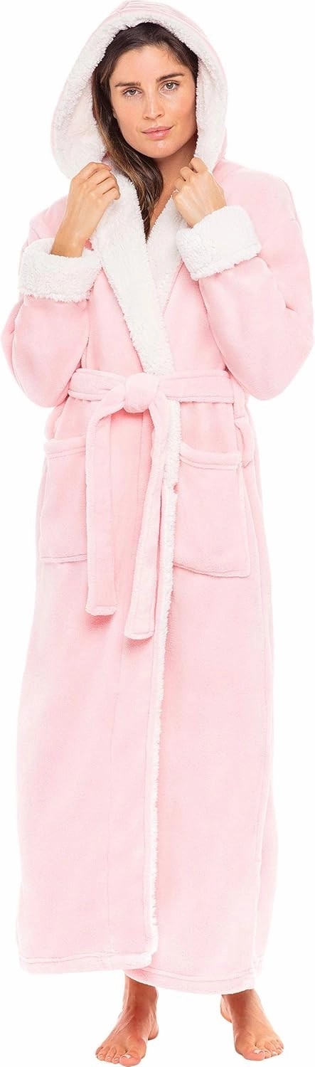 Alexander Del Rossa Sherpa Robes for Women Long, Womens Robes Long Hooded Bathrobes for Women, Plus Size Robe