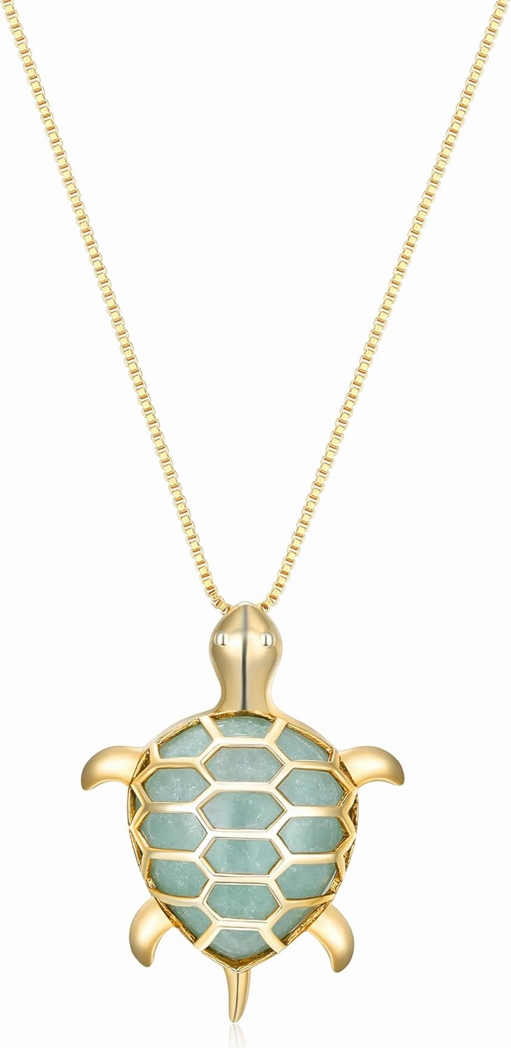 Amazon Essentials womens Yellow 18K Gold Plated Sterling Silver Genuine Green Jade Turtle Pendant Necklace, 18" (previously Amazon Collection)