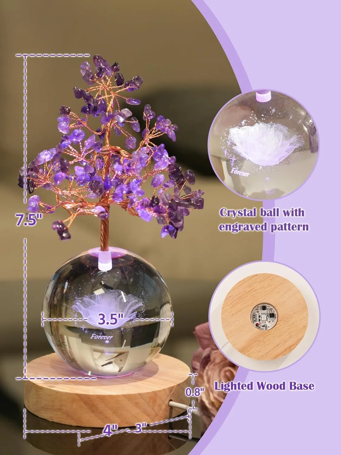 Amethyst Crystal Tree with LED Glass Globe – Forever Rose, Healing Gemstone Lamp with Remote Control Lights – Meditation Decor, Romantic Gift for Women, Bedroom Night Light, Mother's Day