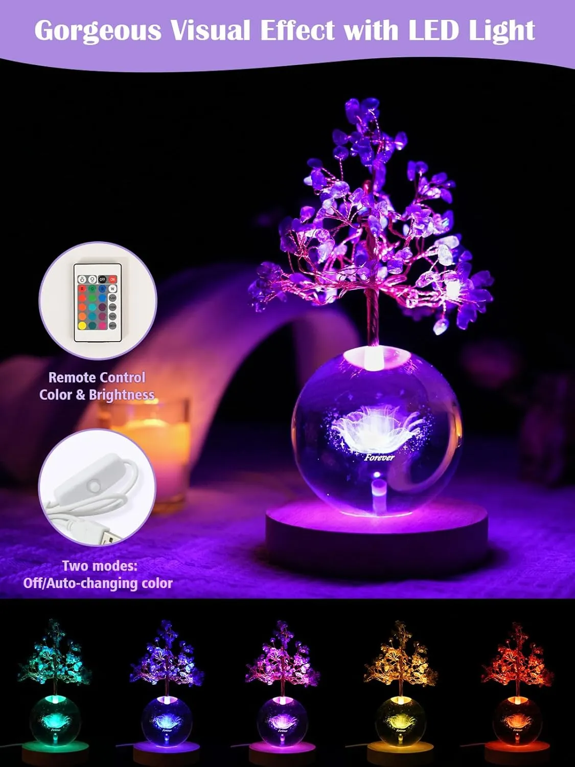 Amethyst Crystal Tree with LED Glass Globe – Forever Rose, Healing Gemstone Lamp with Remote Control Lights – Meditation Decor, Romantic Gift for Women, Bedroom Night Light, Mother's Day