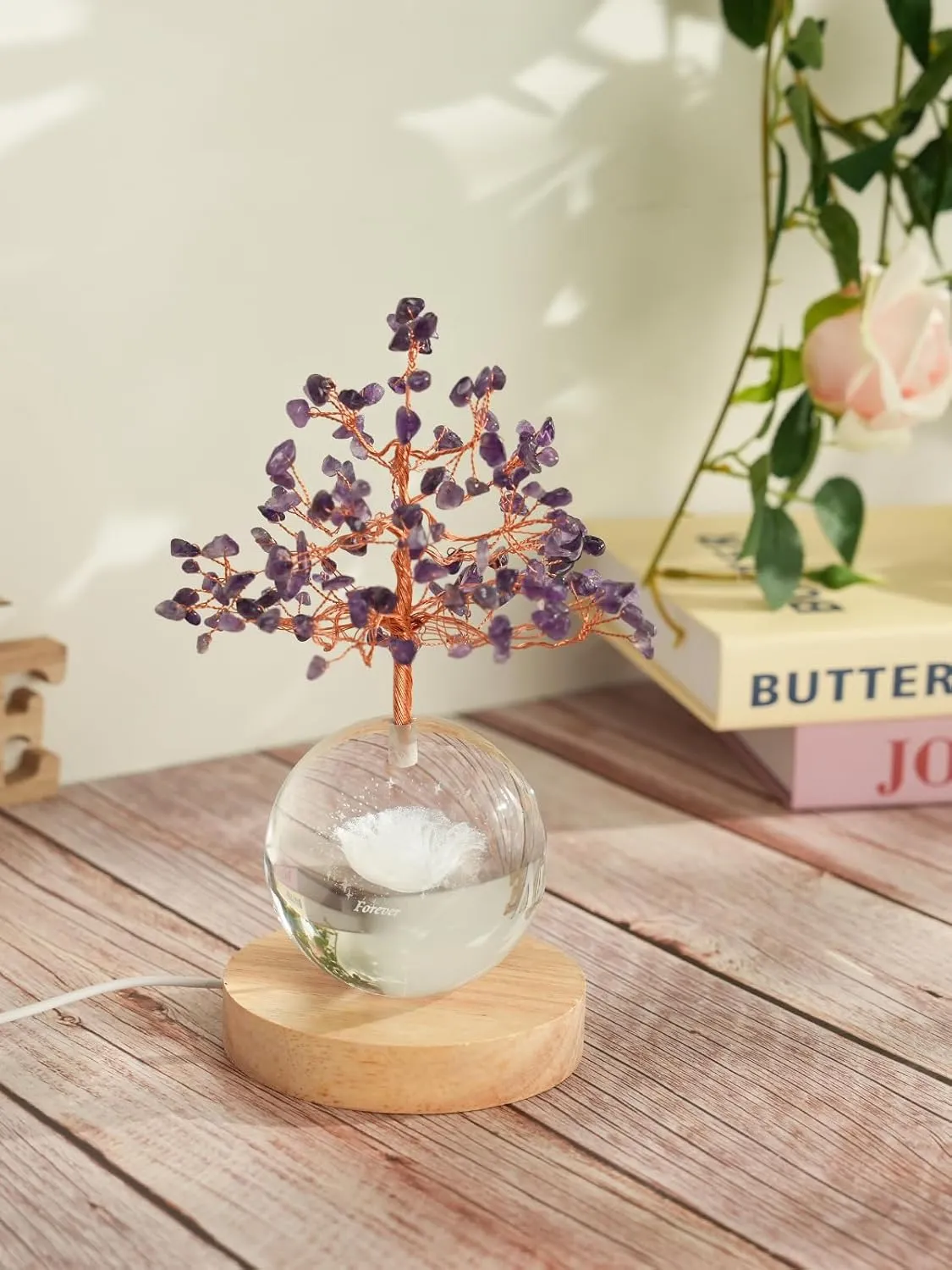 Amethyst Crystal Tree with LED Glass Globe – Forever Rose, Healing Gemstone Lamp with Remote Control Lights – Meditation Decor, Romantic Gift for Women, Bedroom Night Light, Mother's Day