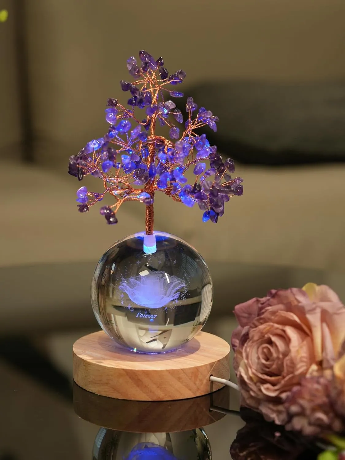 Amethyst Crystal Tree with LED Glass Globe – Forever Rose, Healing Gemstone Lamp with Remote Control Lights – Meditation Decor, Romantic Gift for Women, Bedroom Night Light, Mother's Day