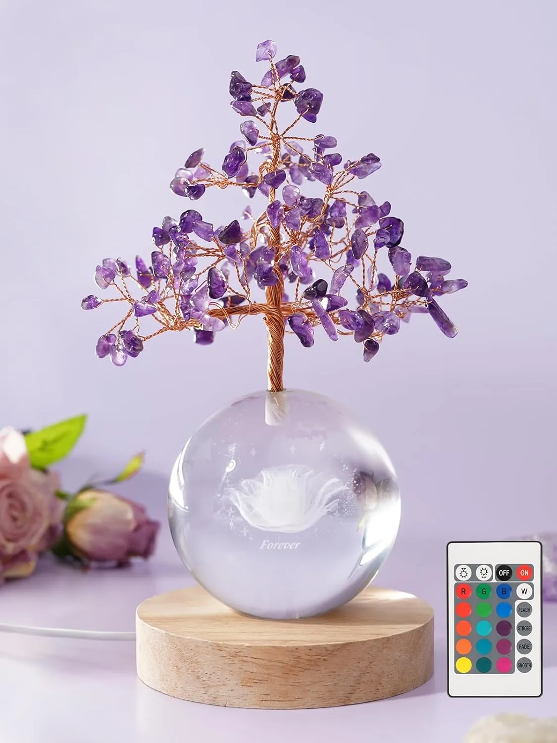 Amethyst Crystal Tree with LED Glass Globe – Forever Rose, Healing Gemstone Lamp with Remote Control Lights – Meditation Decor, Romantic Gift for Women, Bedroom Night Light, Mother's Day