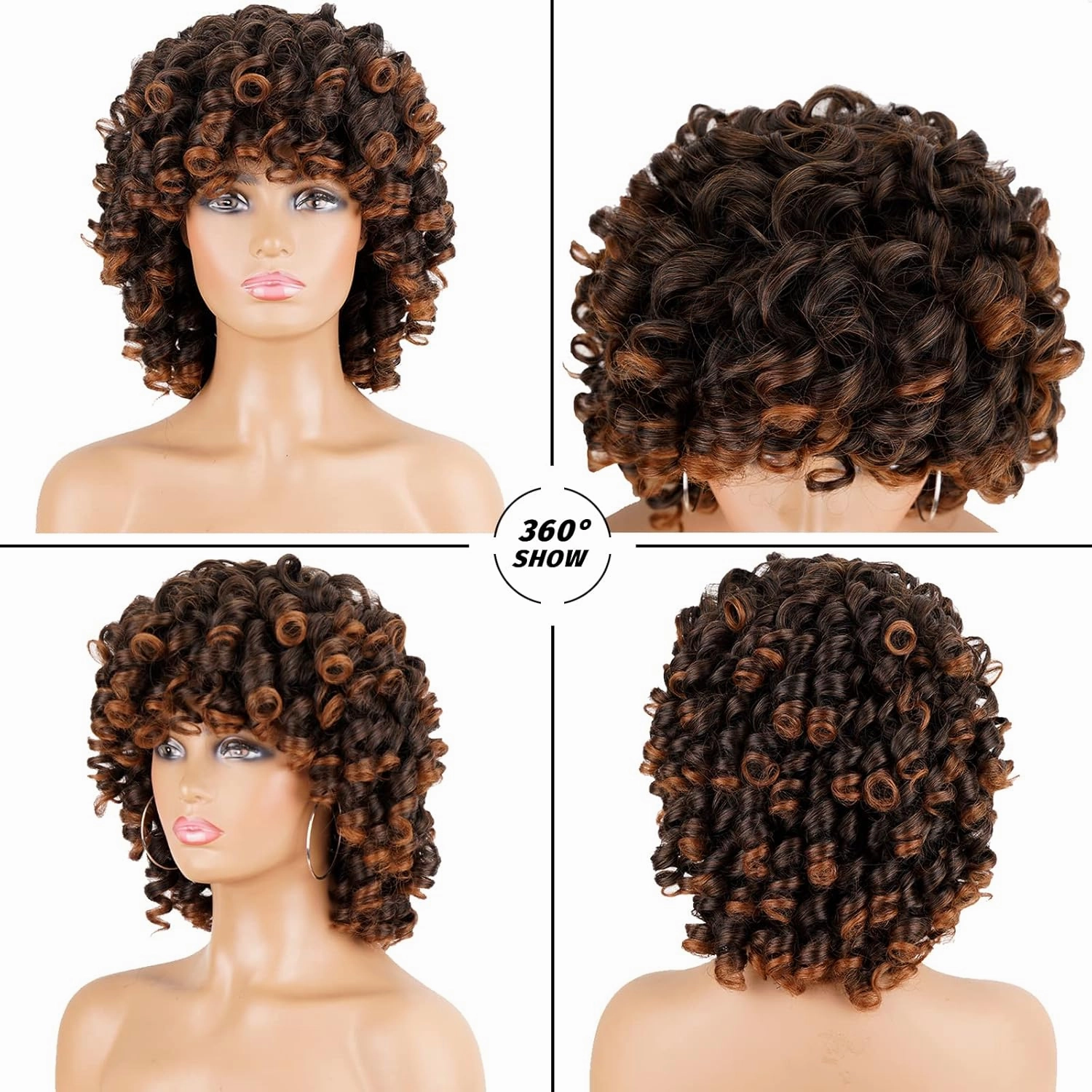 andromeda Curly Wigs for Black Women Brown Short Curly Wig with Bangs Soft Afro Kinky Curly Synthetic Wig for African American Women (T30)