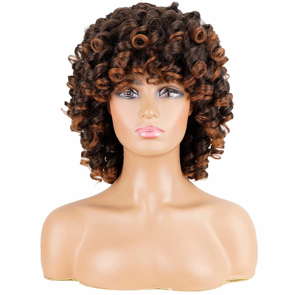 andromeda Curly Wigs for Black Women Brown Short Curly Wig with Bangs Soft Afro Kinky Curly Synthetic Wig for African American Women (T30)