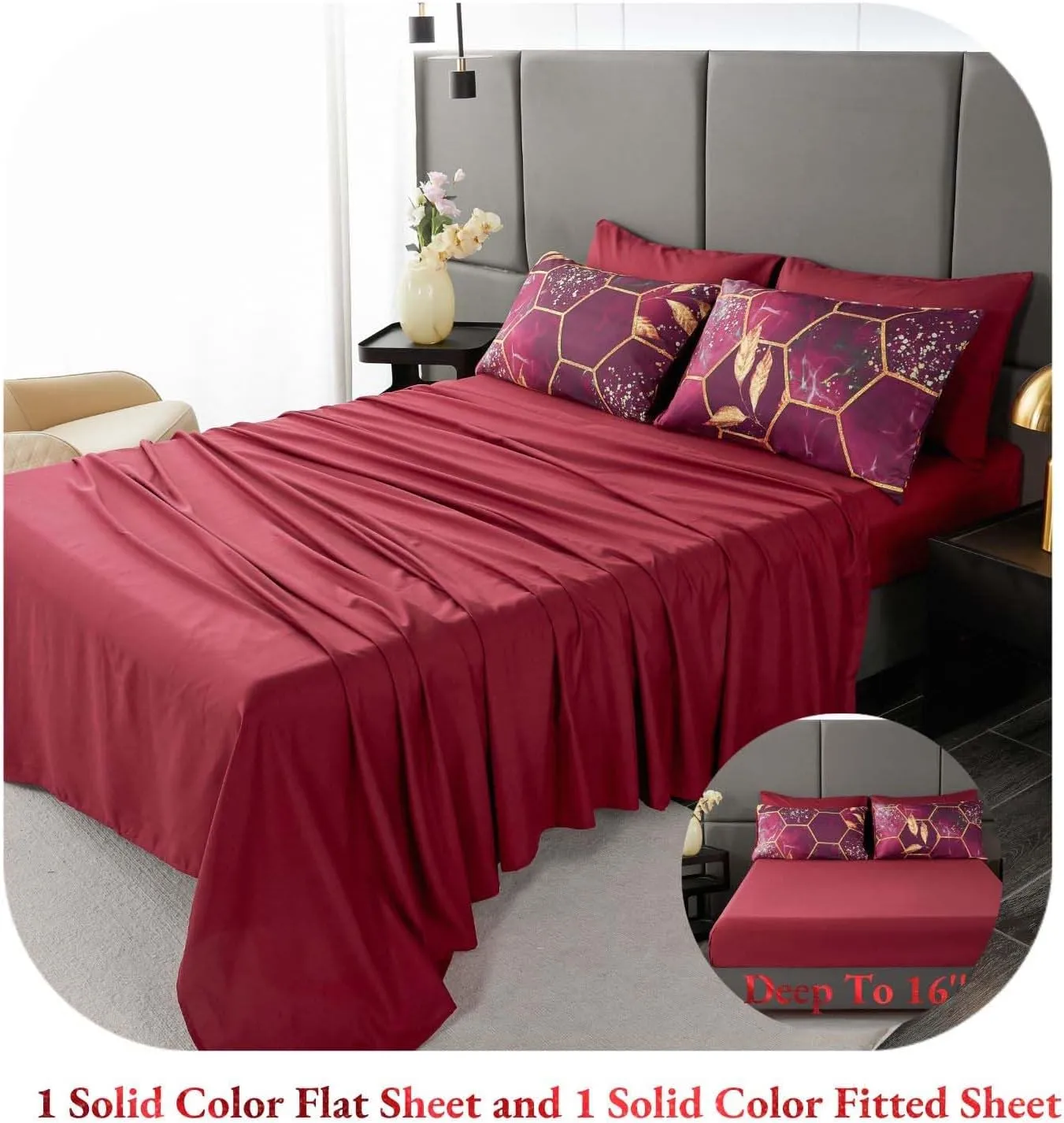 ANGIYUIN 7 Pcs Burgundy and Gold Queen Comforter Sets Print Hexagon Honeycomb Bed in A Bag, 3D Marble Watercolor Comforter Bedding Sets, Geometric Gold Trim Bed Sets with Sheets(Burgundy, Queen)