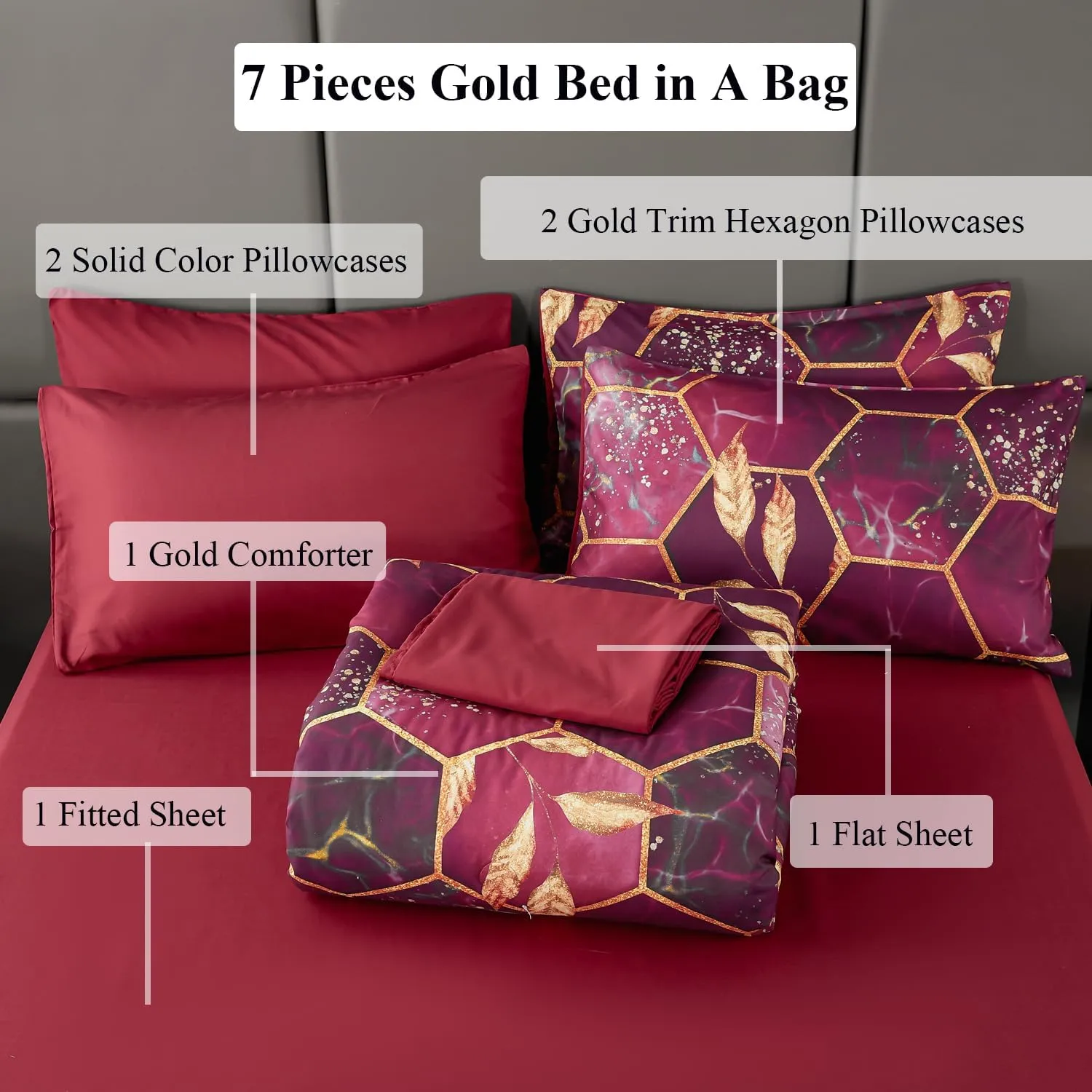 ANGIYUIN 7 Pcs Burgundy and Gold Queen Comforter Sets Print Hexagon Honeycomb Bed in A Bag, 3D Marble Watercolor Comforter Bedding Sets, Geometric Gold Trim Bed Sets with Sheets(Burgundy, Queen)