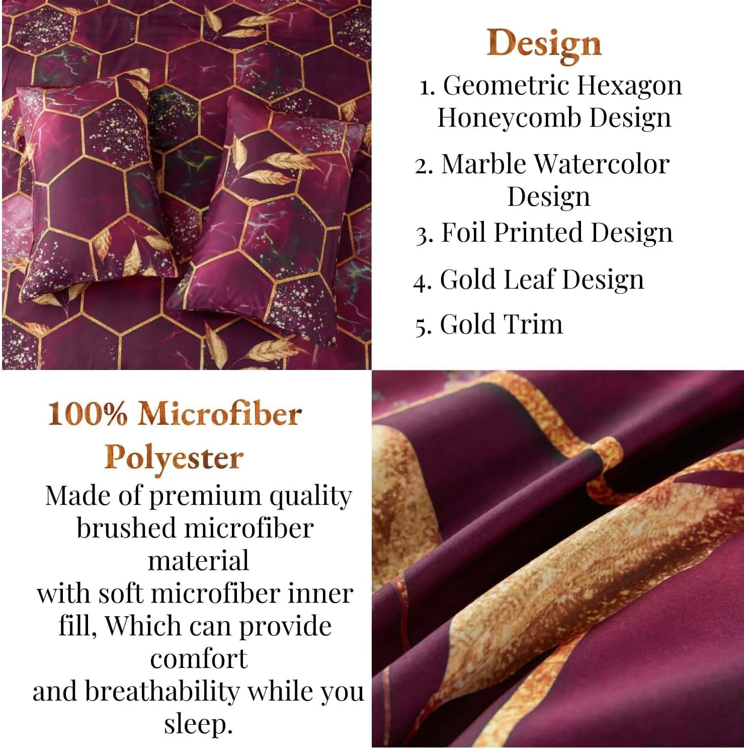ANGIYUIN 7 Pcs Burgundy and Gold Queen Comforter Sets Print Hexagon Honeycomb Bed in A Bag, 3D Marble Watercolor Comforter Bedding Sets, Geometric Gold Trim Bed Sets with Sheets(Burgundy, Queen)