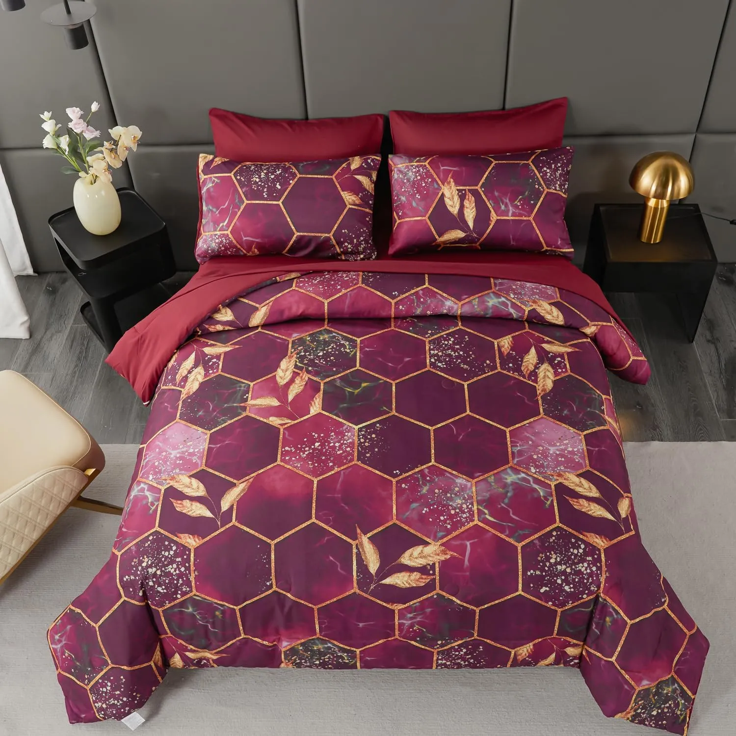 ANGIYUIN 7 Pcs Burgundy and Gold Queen Comforter Sets Print Hexagon Honeycomb Bed in A Bag, 3D Marble Watercolor Comforter Bedding Sets, Geometric Gold Trim Bed Sets with Sheets(Burgundy, Queen)