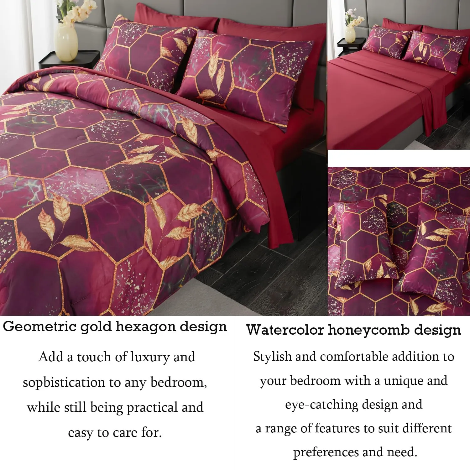 ANGIYUIN 7 Pcs Burgundy and Gold Queen Comforter Sets Print Hexagon Honeycomb Bed in A Bag, 3D Marble Watercolor Comforter Bedding Sets, Geometric Gold Trim Bed Sets with Sheets(Burgundy, Queen)
