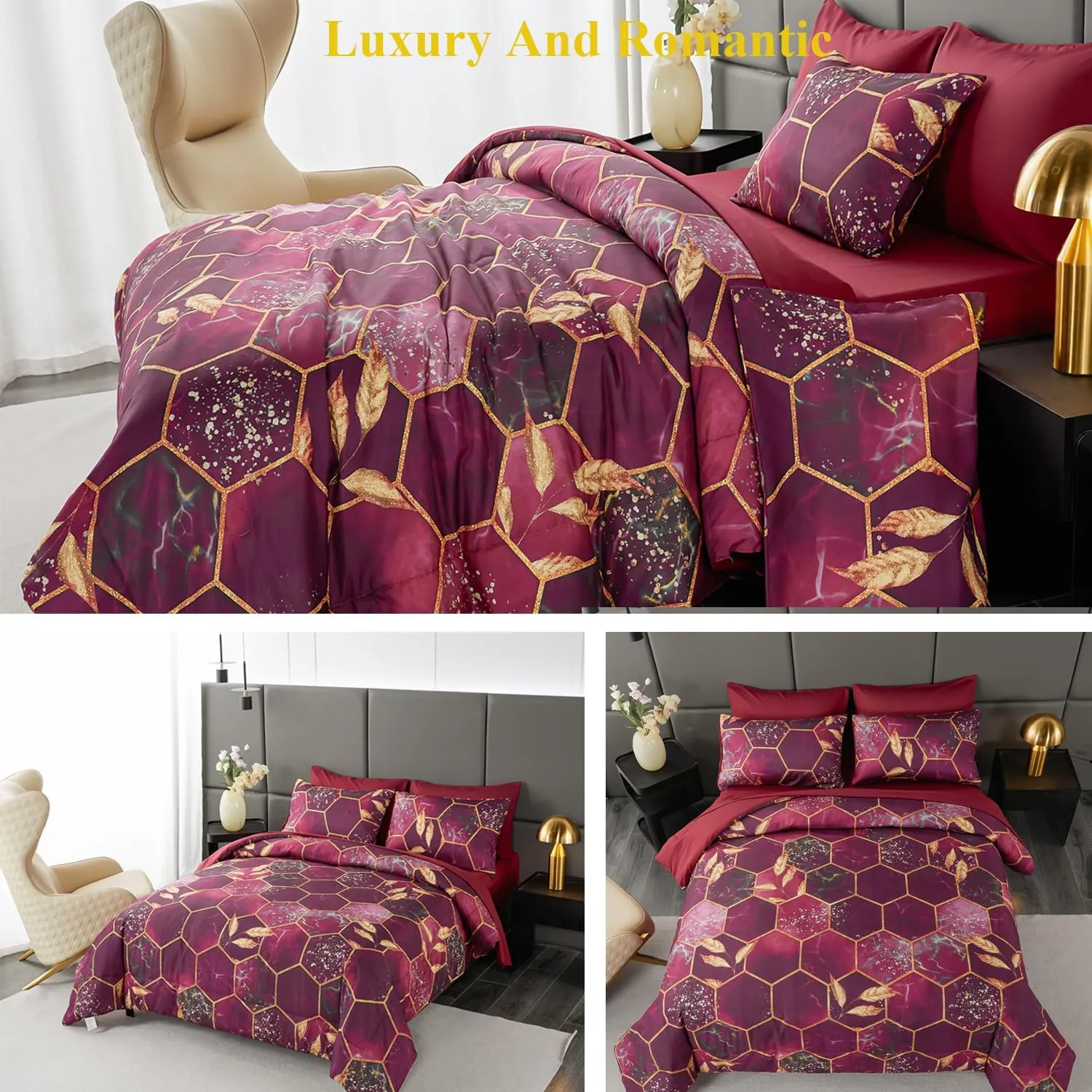 ANGIYUIN 7 Pcs Burgundy and Gold Queen Comforter Sets Print Hexagon Honeycomb Bed in A Bag, 3D Marble Watercolor Comforter Bedding Sets, Geometric Gold Trim Bed Sets with Sheets(Burgundy, Queen)