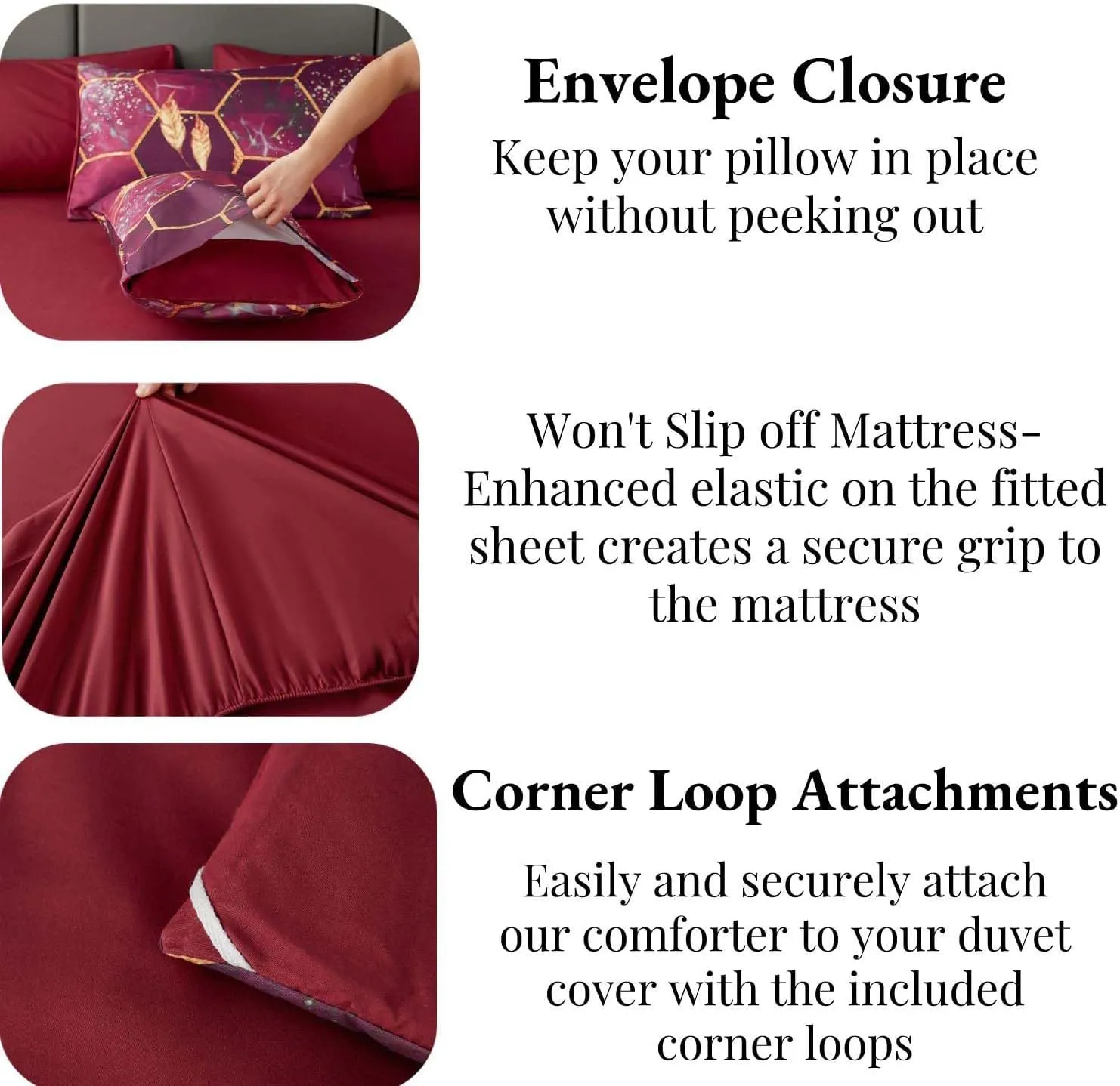 ANGIYUIN 7 Pcs Burgundy and Gold Queen Comforter Sets Print Hexagon Honeycomb Bed in A Bag, 3D Marble Watercolor Comforter Bedding Sets, Geometric Gold Trim Bed Sets with Sheets(Burgundy, Queen)