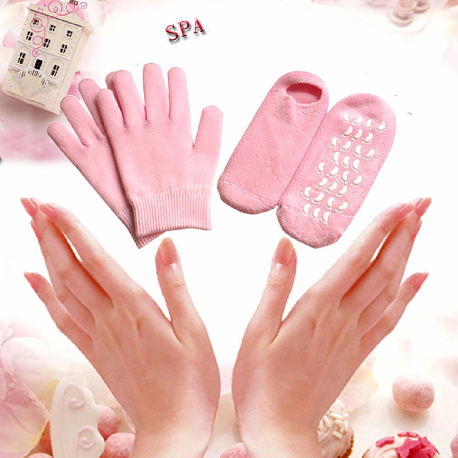 AnHua®Moisturizing Silicone Gel Gloves & Gel Socks Beauty Spa Moisturizing Skin Care Soften Repair Cracked Therapy Treatment (Pink)