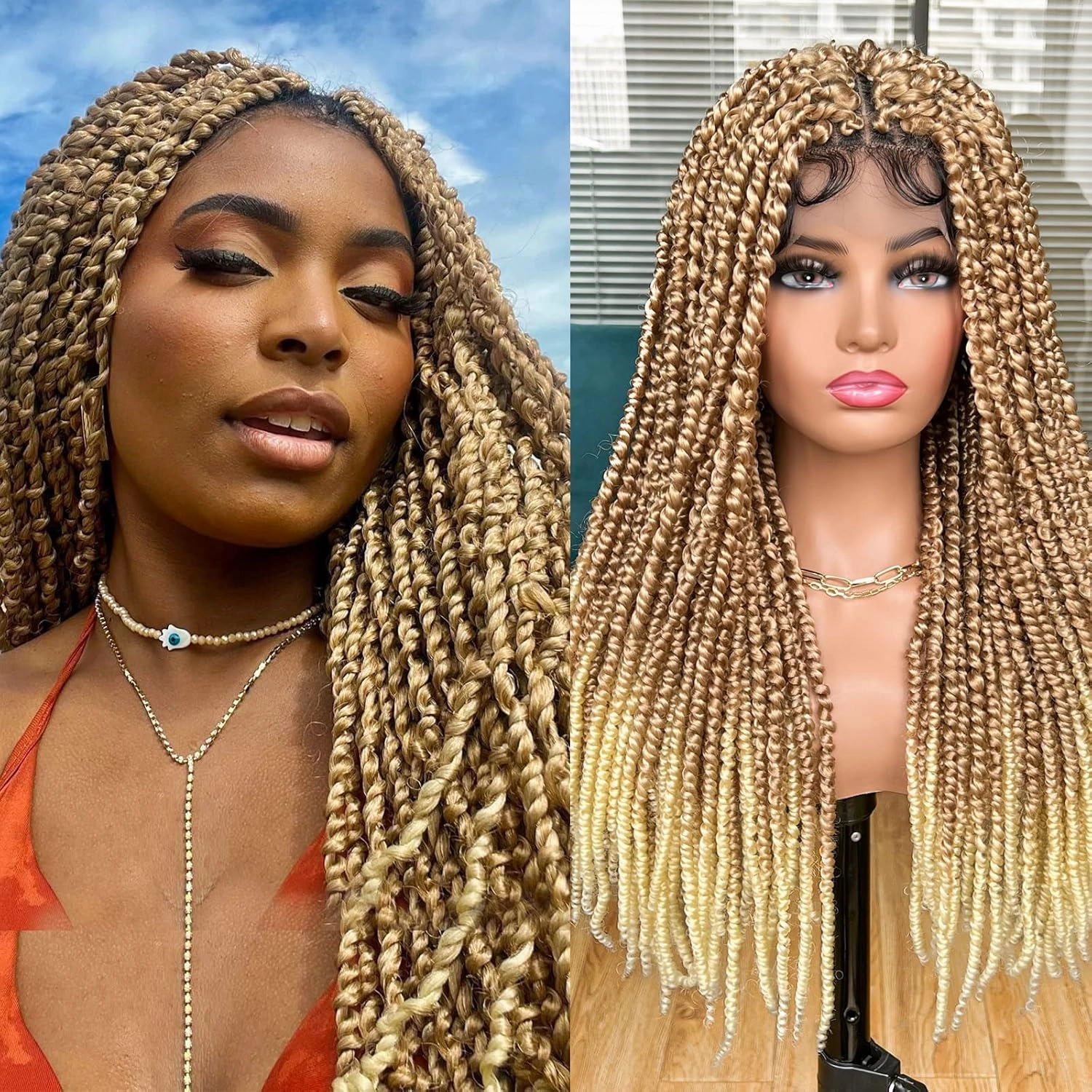 Annivia Passion Twist braided Wigs for Black Women Full Lace knotless braided wigs With Baby Hair Passion Twist Water Wave Crochet Hair Premium Synthetic Lace Faux Locs Braiding Wig(27/613 24Inch)