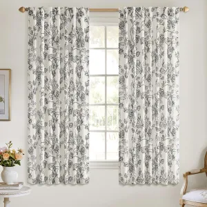 ANRODUO Floral Linen Curtains Vintage French Country Style Black Floral Drapes - 63-Inch Length, Set of 2 Panels, Rod Pocket & Back Tab Design for Living Room and Bedroom