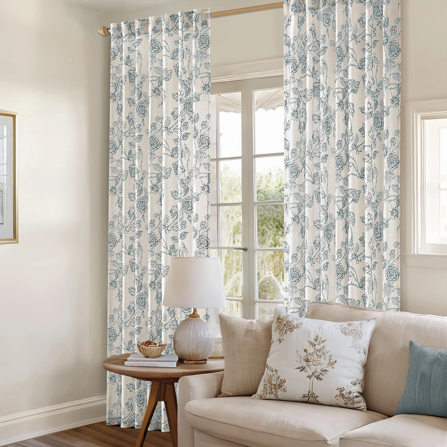 ANRODUO Vintage Linen Curtains Blue Floral Patterned Vintage Sketch Print Burlap Textured Rustic Farmhouse Country Curtains 96 Inches Long 2 Panels Set Back Tab Drapes for Living Room