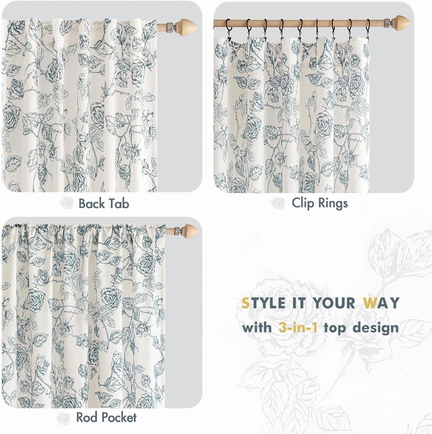 ANRODUO Vintage Linen Curtains Blue Floral Patterned Vintage Sketch Print Burlap Textured Rustic Farmhouse Country Curtains 96 Inches Long 2 Panels Set Back Tab Drapes for Living Room