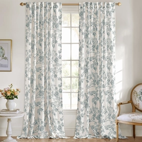 ANRODUO Vintage Linen Curtains Blue Floral Patterned Vintage Sketch Print Burlap Textured Rustic Farmhouse Country Curtains 96 Inches Long 2 Panels Set Back Tab Drapes for Living Room