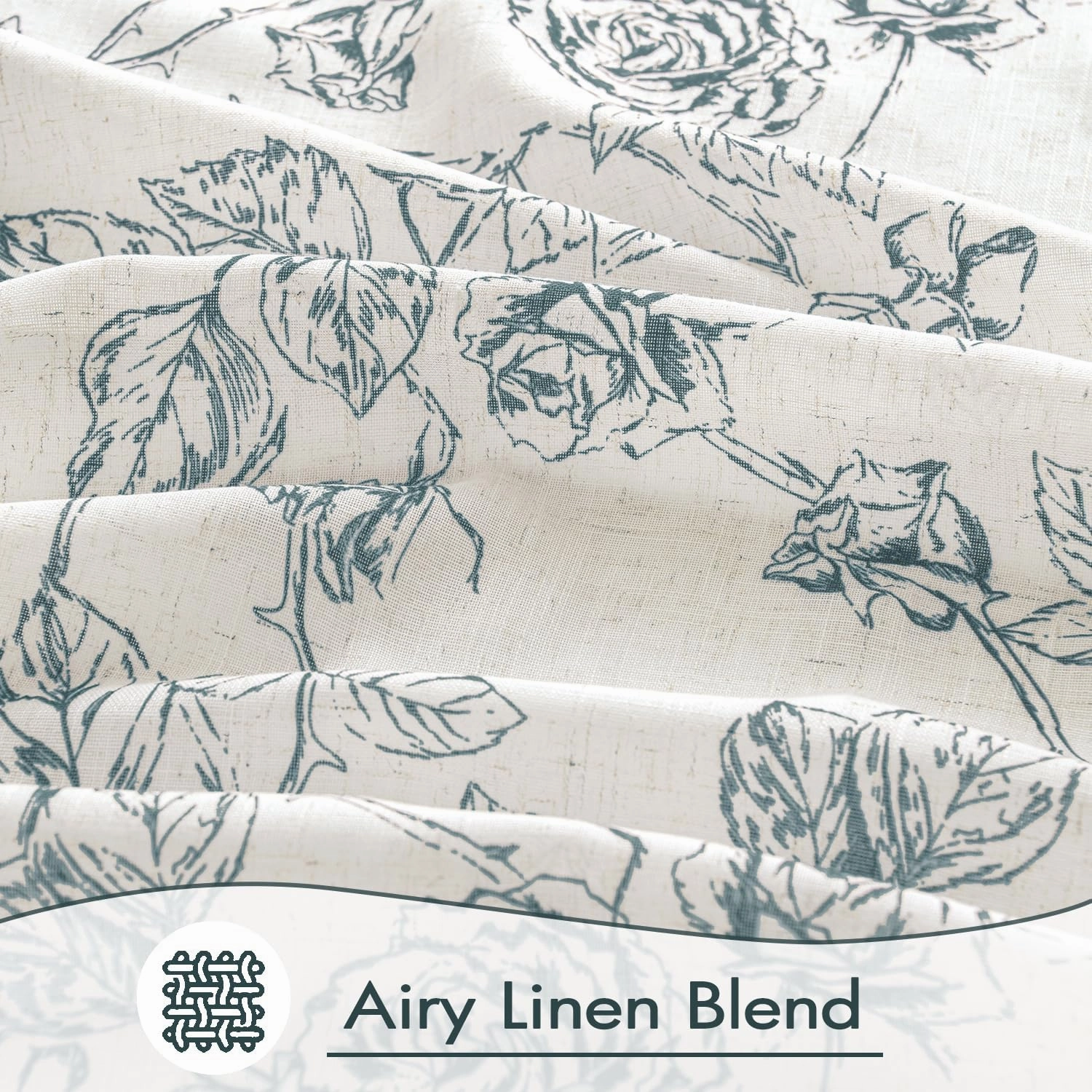 ANRODUO Vintage Linen Curtains Blue Floral Patterned Vintage Sketch Print Burlap Textured Rustic Farmhouse Country Curtains 96 Inches Long 2 Panels Set Back Tab Drapes for Living Room