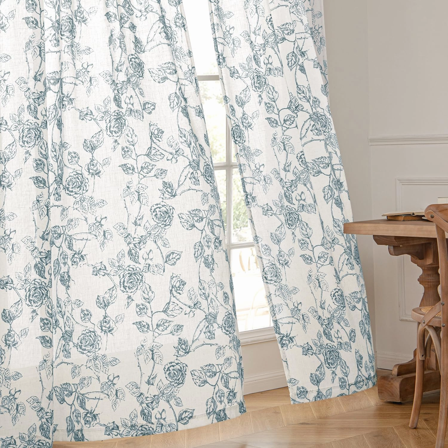 ANRODUO Vintage Linen Curtains Blue Floral Patterned Vintage Sketch Print Burlap Textured Rustic Farmhouse Country Curtains 96 Inches Long 2 Panels Set Back Tab Drapes for Living Room
