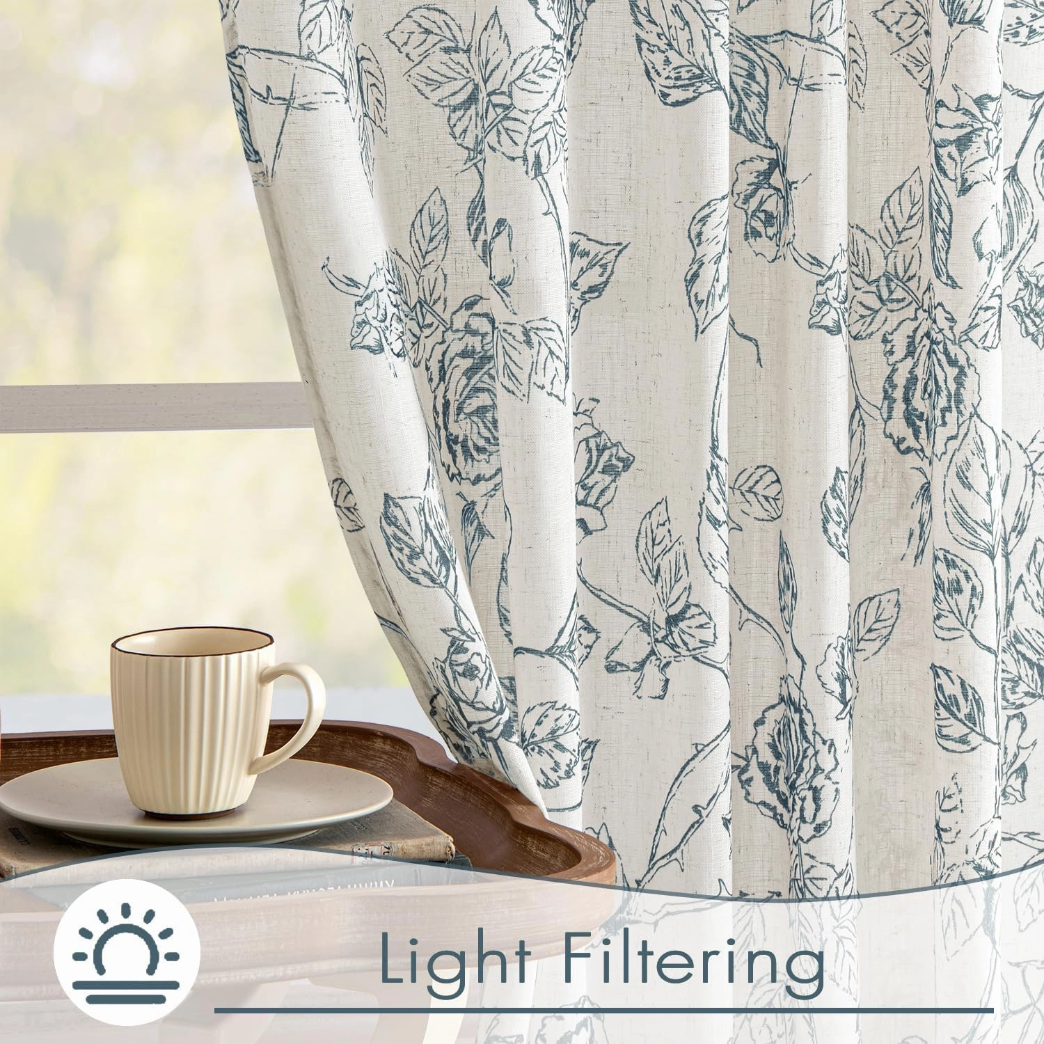 ANRODUO Vintage Linen Curtains Blue Floral Patterned Vintage Sketch Print Burlap Textured Rustic Farmhouse Country Curtains 96 Inches Long 2 Panels Set Back Tab Drapes for Living Room