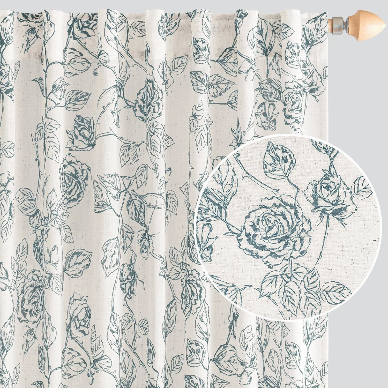 ANRODUO Vintage Linen Curtains Blue Floral Patterned Vintage Sketch Print Burlap Textured Rustic Farmhouse Country Curtains 96 Inches Long 2 Panels Set Back Tab Drapes for Living Room