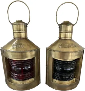 Antique Port & Starboard Lanterns Nautical Oil Lamps Ship Light 12" Iron and Glass Rustic Vintage Home Decor Gifts for Indoor Use Red & Green (Antique Brass)