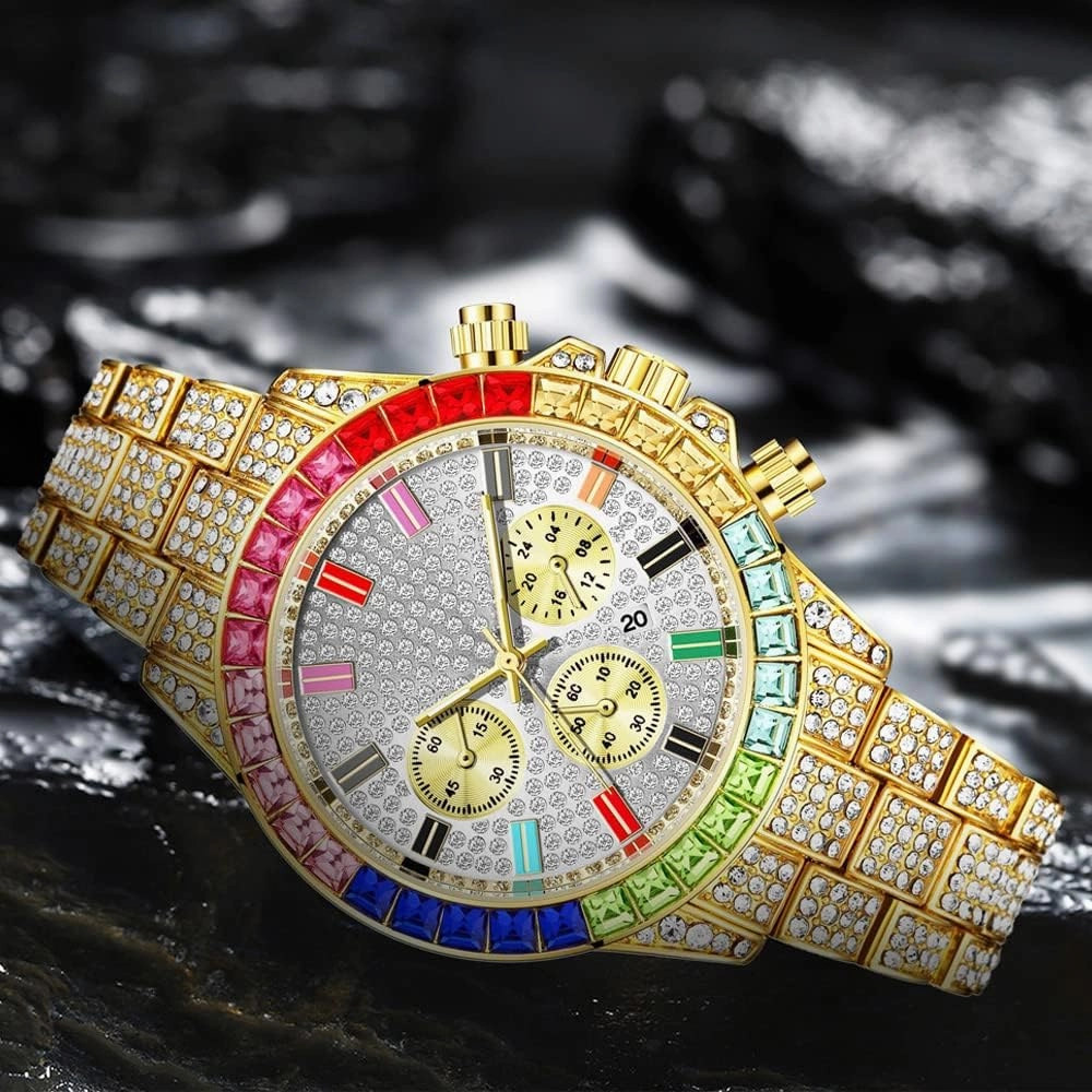 Apzzic Iced Out Colorful Full Diamond Watch CZ Gold Plated Fashion Quartz Analog Band Bracelet Wrist Watch for Men Women