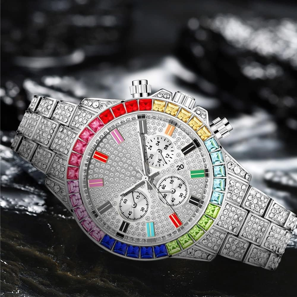 Apzzic Iced Out Colorful Full Diamond Watch CZ Gold Plated Fashion Quartz Analog Band Bracelet Wrist Watch for Men Women