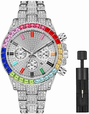 Apzzic Iced Out Colorful Full Diamond Watch CZ Gold Plated Fashion Quartz Analog Band Bracelet Wrist Watch for Men Women