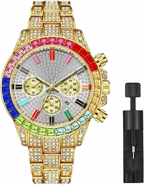 Apzzic Iced Out Colorful Full Diamond Watch CZ Gold Plated Fashion Quartz Analog Band Bracelet Wrist Watch for Men Women