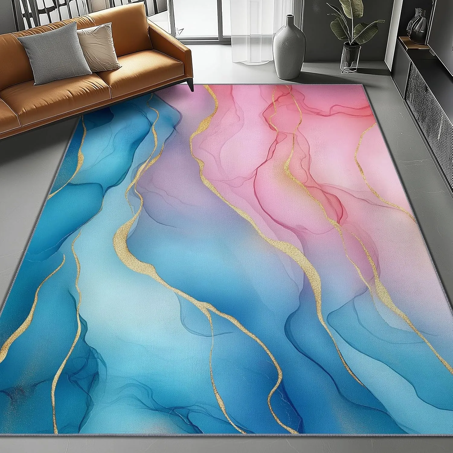 Area Rugs Rectangle 6 x 9 Stripes Marble Abstract Elegant Theme, Flannel Printing Area Rugs with Non-Slip Backing and Durable Edge Binding, Carpets for Home Office Decor Pink Blue