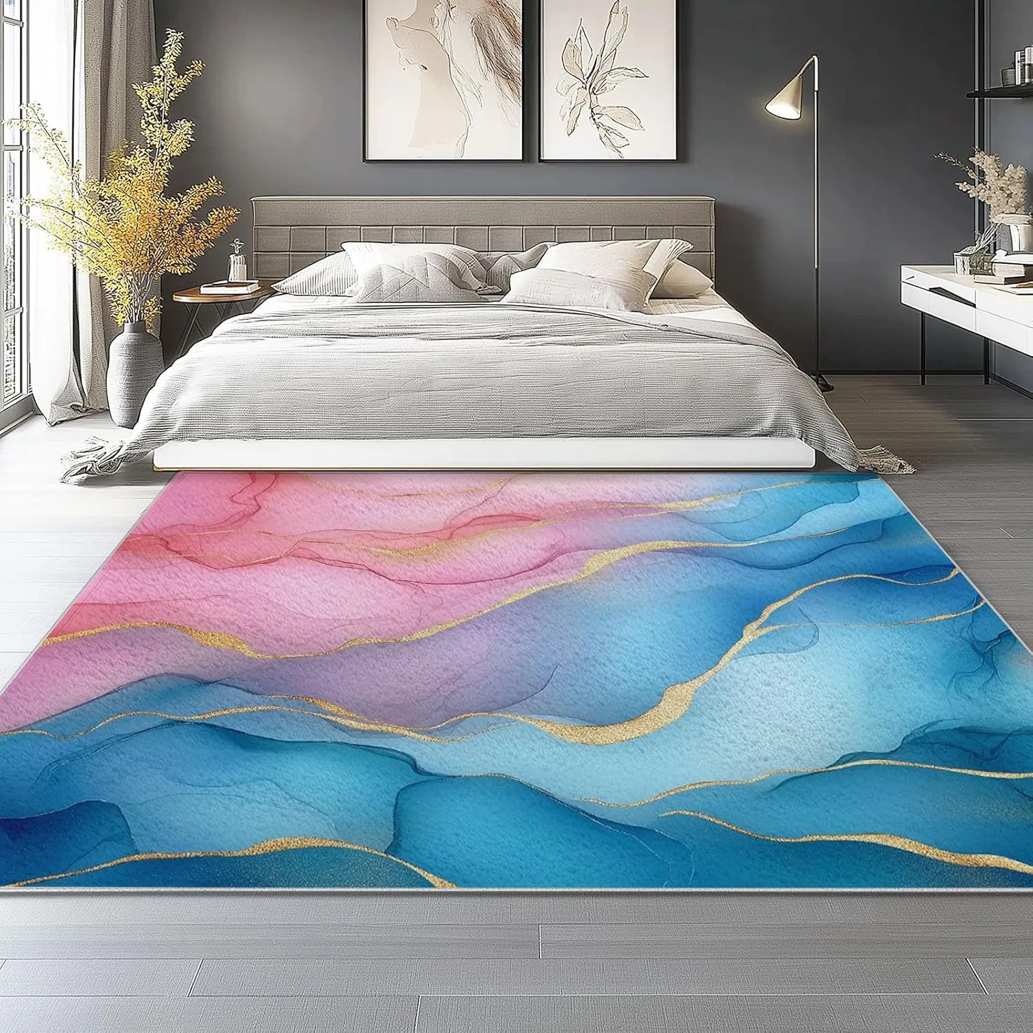 Area Rugs Rectangle 6 x 9 Stripes Marble Abstract Elegant Theme, Flannel Printing Area Rugs with Non-Slip Backing and Durable Edge Binding, Carpets for Home Office Decor Pink Blue