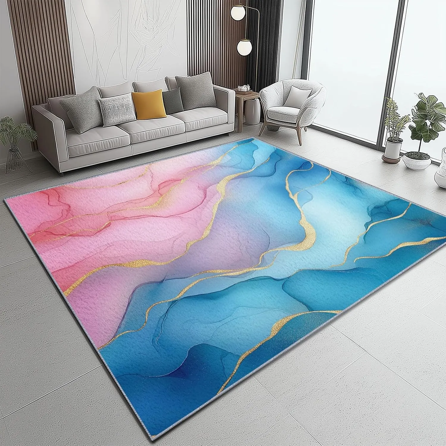 Area Rugs Rectangle 6 x 9 Stripes Marble Abstract Elegant Theme, Flannel Printing Area Rugs with Non-Slip Backing and Durable Edge Binding, Carpets for Home Office Decor Pink Blue