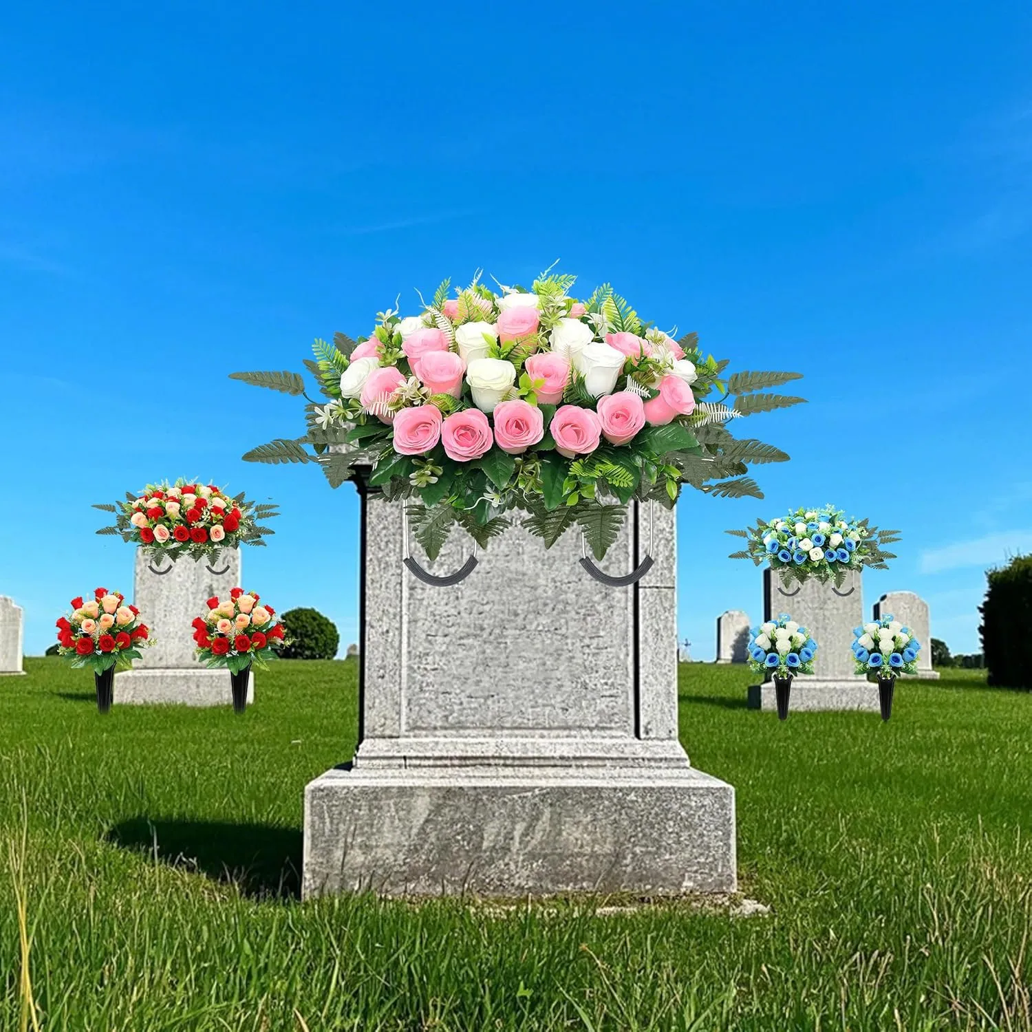 Artificial Cemetery Flowers for Grave,Headstone Flower Saddle for Tombstone Headstone Decorations Non-Fading Easy Fit (Pink White)