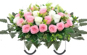 Artificial Cemetery Flowers for Grave,Headstone Flower Saddle for Tombstone Headstone Decorations Non-Fading Easy Fit (Pink White)