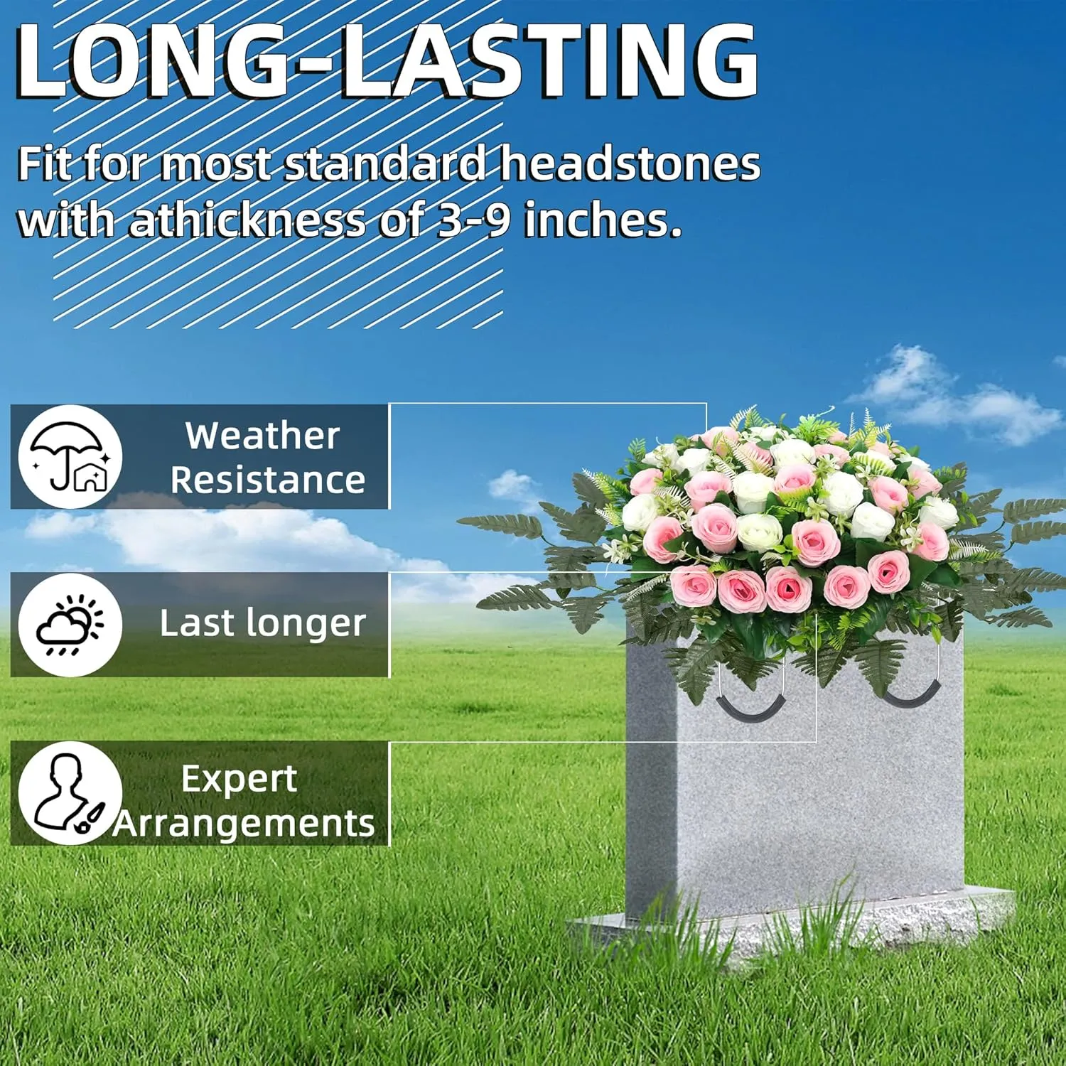 Artificial Cemetery Flowers for Grave,Headstone Flower Saddle for Tombstone Headstone Decorations Non-Fading Easy Fit (Pink White)