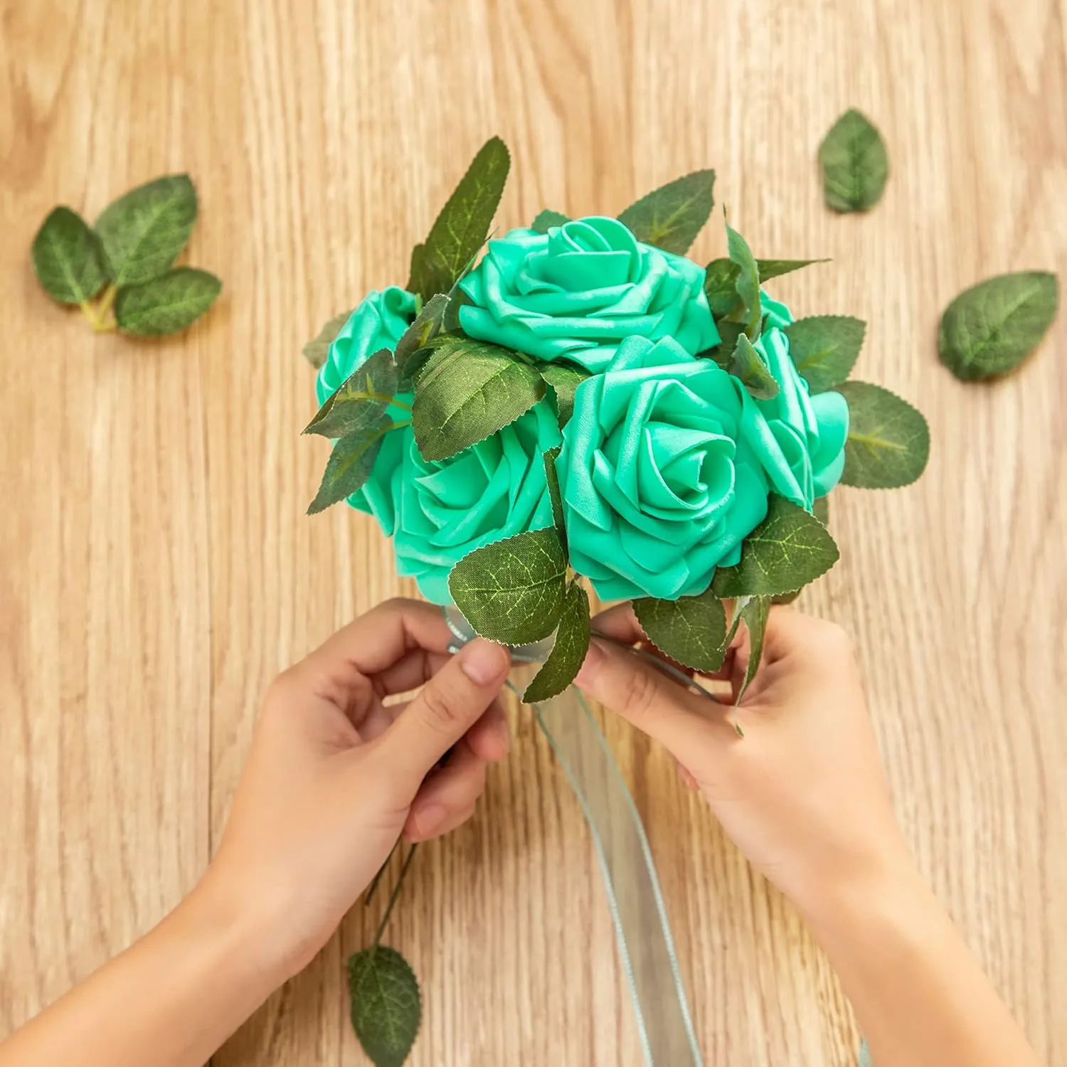Artificial Flower Foam Rose 25pcs Real Looking Fake Rose with Stems Leaves for Home Decoration Party Garden Centerpieces DIY Wedding Bouquets（Tiffany）