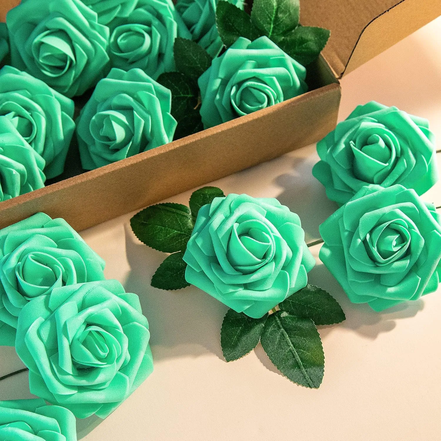 Artificial Flower Foam Rose 25pcs Real Looking Fake Rose with Stems Leaves for Home Decoration Party Garden Centerpieces DIY Wedding Bouquets（Tiffany）