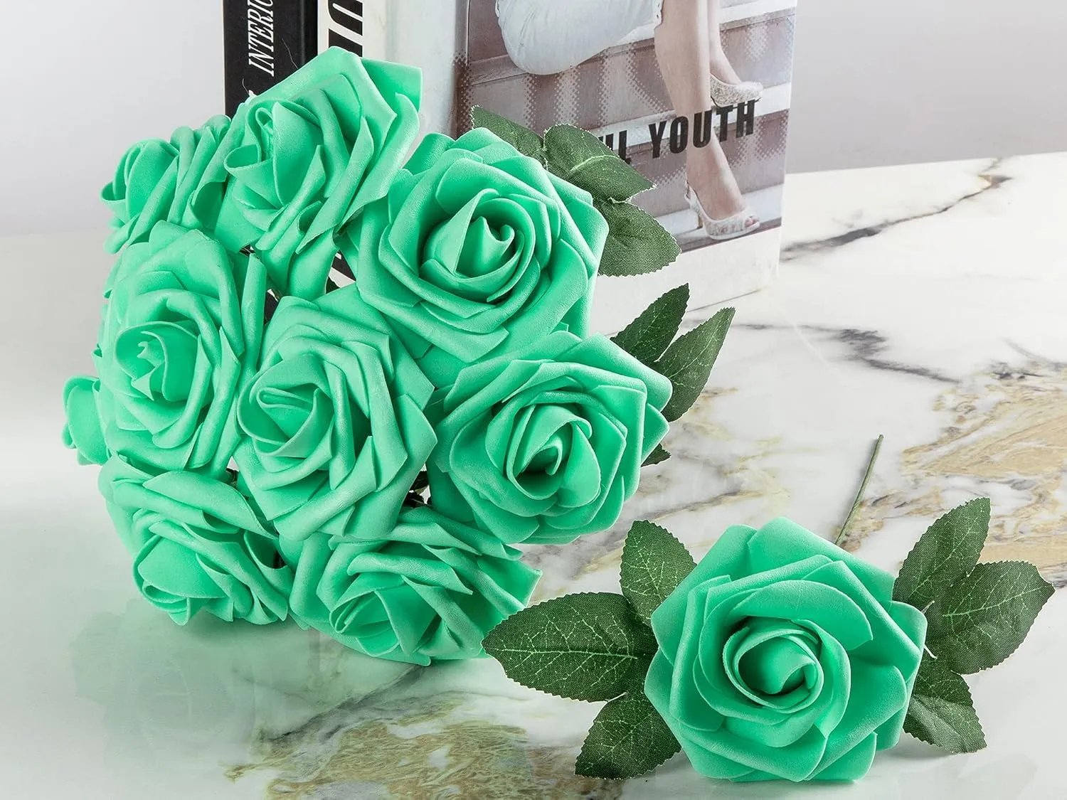 Artificial Flower Foam Rose 25pcs Real Looking Fake Rose with Stems Leaves for Home Decoration Party Garden Centerpieces DIY Wedding Bouquets（Tiffany）