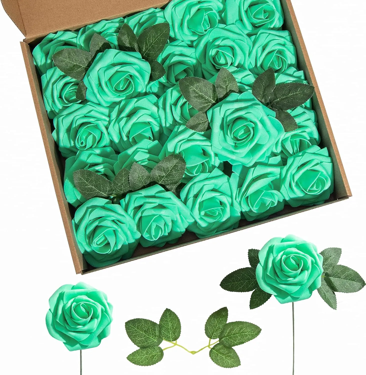 Artificial Flower Foam Rose 25pcs Real Looking Fake Rose with Stems Leaves for Home Decoration Party Garden Centerpieces DIY Wedding Bouquets（Tiffany）