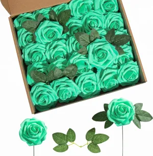 Artificial Flower Foam Rose 25pcs Real Looking Fake Rose with Stems Leaves for Home Decoration Party Garden Centerpieces DIY Wedding Bouquets（Tiffany）