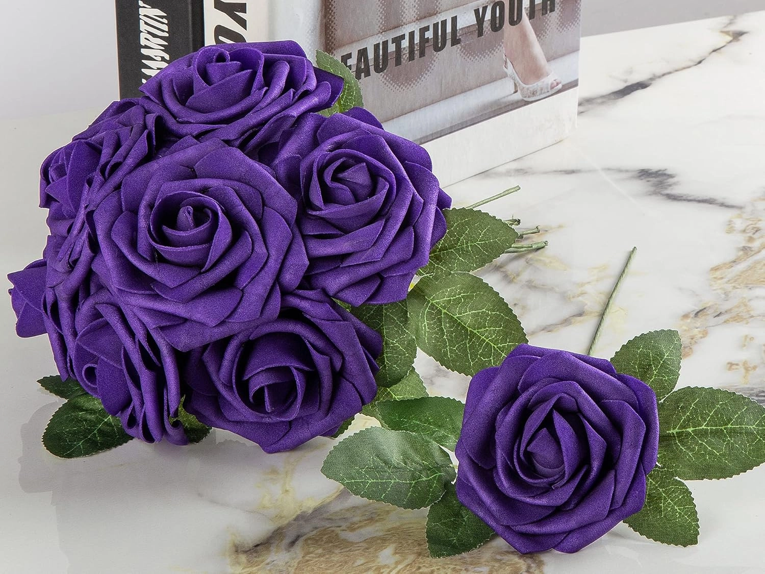 Artificial Flower Foam Purple Rose 50pcs Real Looking Fake Rose with Stems Leaves for Home Decoration Party Garden Centerpieces DIY Wedding Bouquets（Purple）
