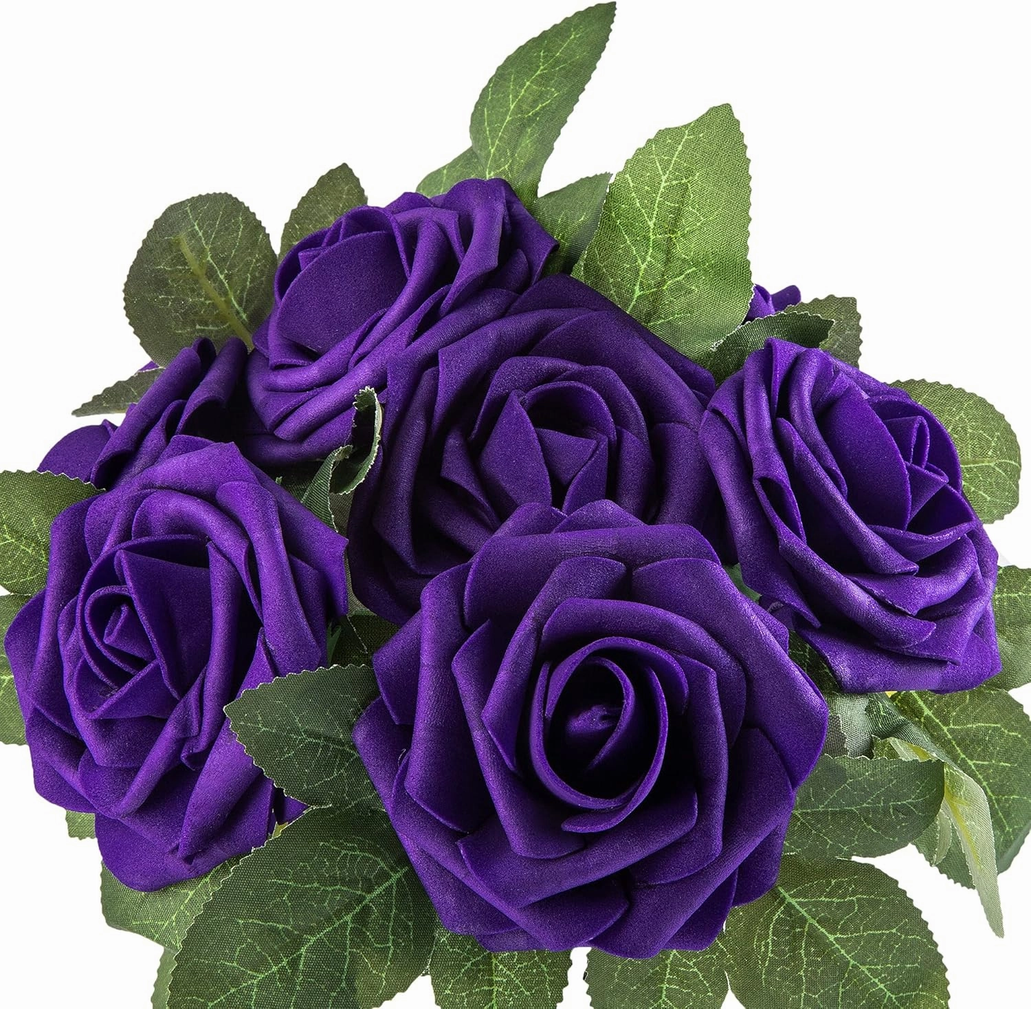 Artificial Flower Foam Purple Rose 50pcs Real Looking Fake Rose with Stems Leaves for Home Decoration Party Garden Centerpieces DIY Wedding Bouquets（Purple）