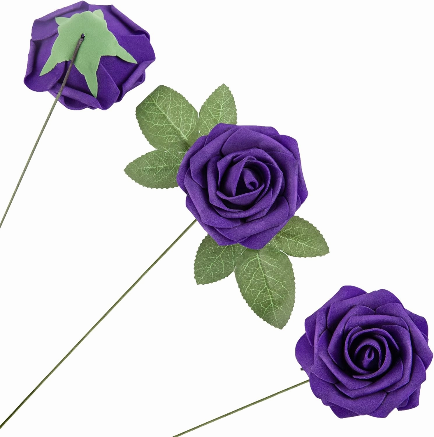 Artificial Flower Foam Purple Rose 50pcs Real Looking Fake Rose with Stems Leaves for Home Decoration Party Garden Centerpieces DIY Wedding Bouquets（Purple）