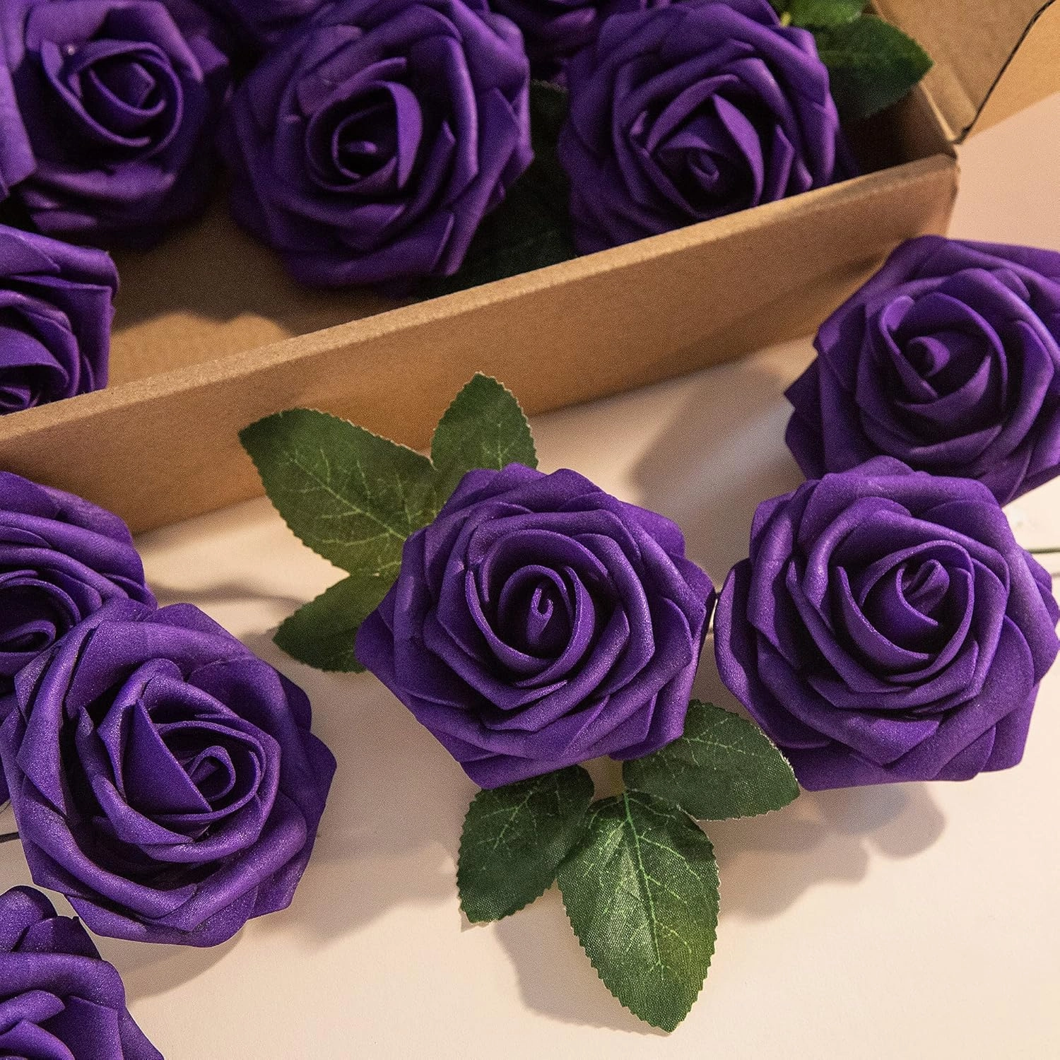 Artificial Flower Foam Purple Rose 50pcs Real Looking Fake Rose with Stems Leaves for Home Decoration Party Garden Centerpieces DIY Wedding Bouquets（Purple）