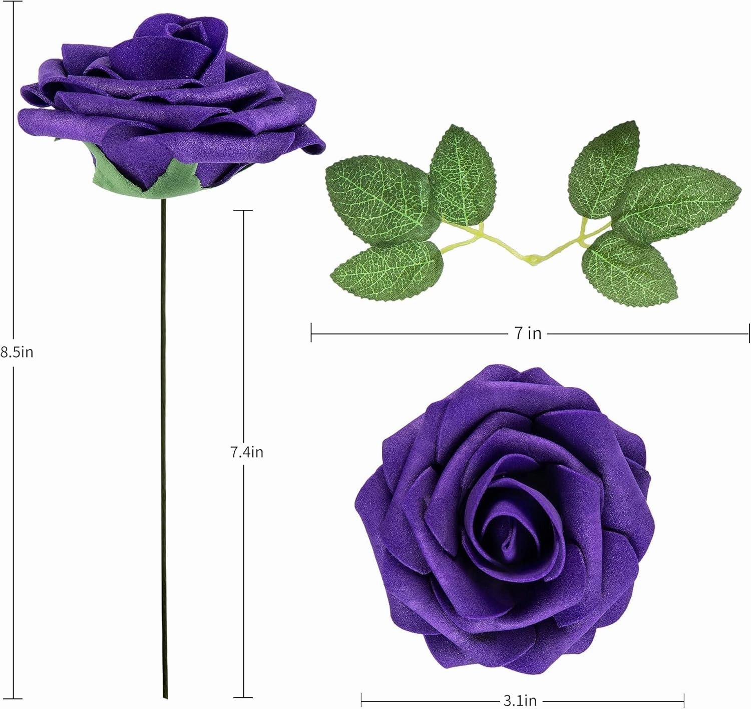 Artificial Flower Foam Purple Rose 50pcs Real Looking Fake Rose with Stems Leaves for Home Decoration Party Garden Centerpieces DIY Wedding Bouquets（Purple）