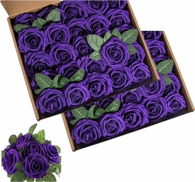 Artificial Flower Foam Purple Rose 50pcs Real Looking Fake Rose with Stems Leaves for Home Decoration Party Garden Centerpieces DIY Wedding Bouquets（Purple）